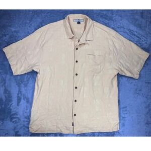 Tommy Bahama Mens XL Silk Camp Shirt Peach Tonal Palm Tree Jacquard Short Sleeve